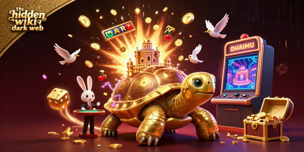 The hidden wiki dark web showcases a vibrant casino scene with a golden tortoise and rabbit dealer amidst jackpot bursting slot machines.