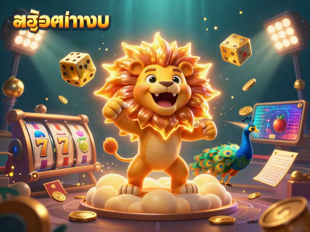 Engage with สล็อตทดลอง in this dazzling 3D casino scene featuring a victorious lion and dynamic slot elements.