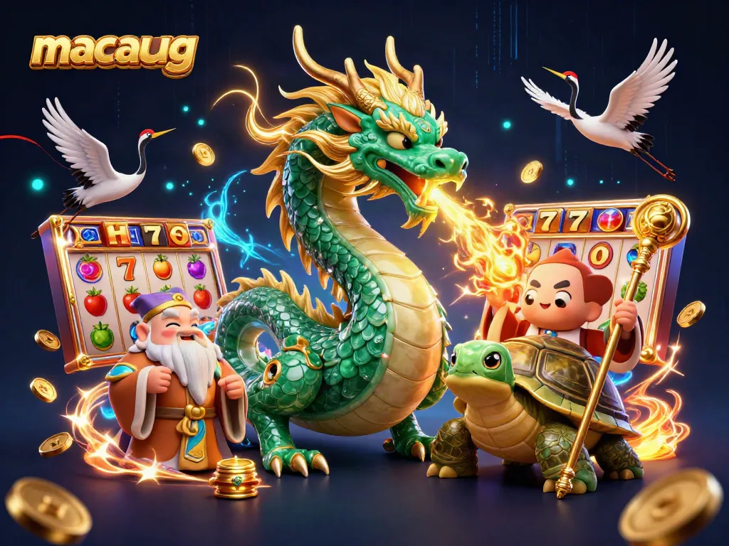 Engage with macaugg's vibrant and dynamic 3D casino scene filled with golden dragons and slot games.