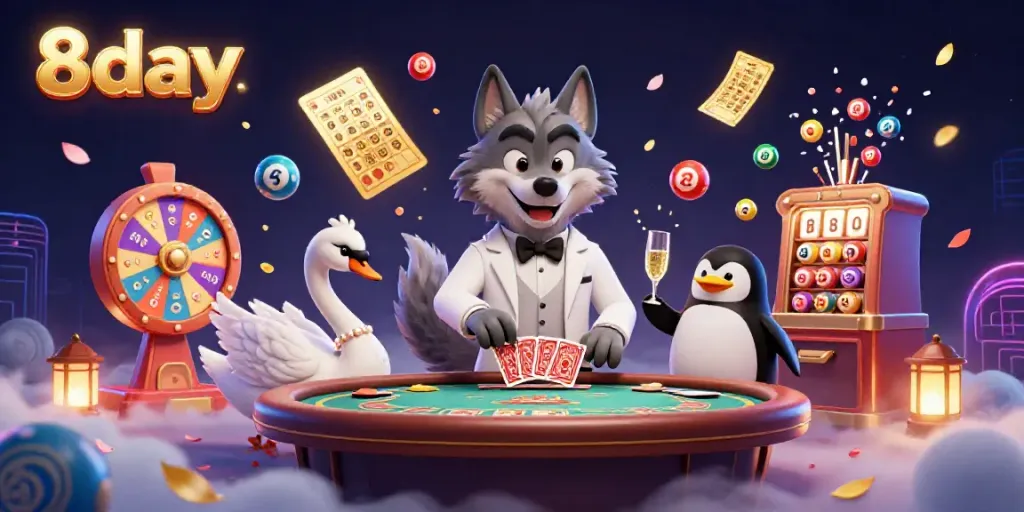 Engage in thrilling gameplay with 8day's vibrant casino scene featuring a wolf, swan, and penguin.