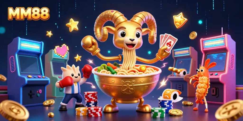 MM88's vibrant 3D casino scene showcasing animated characters dealing cards and stacking chips amidst arcade elements.