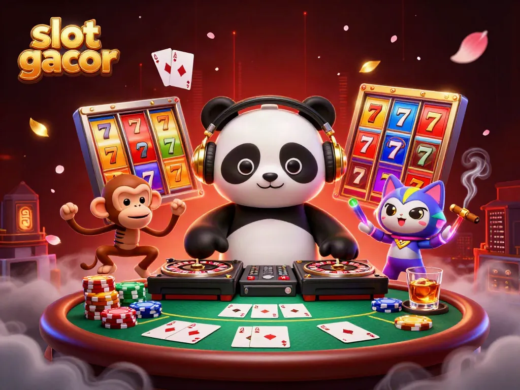 Experience the thrill of slot gacor with DJ panda and friends in a vibrant casino scene.
