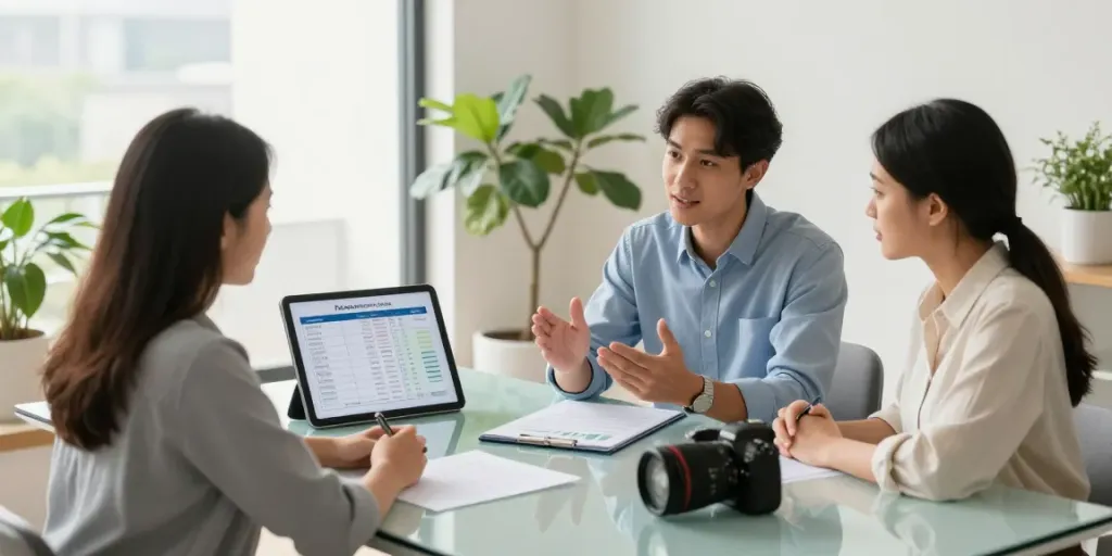 Payday Loans Co Alberta consultation in a modern office with a financial advisor and young couple discussing loan options.
