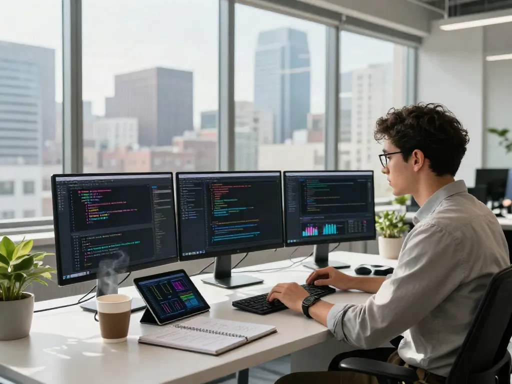 Developer focused on coding at modern workspace, pop over to this website for tech insights.