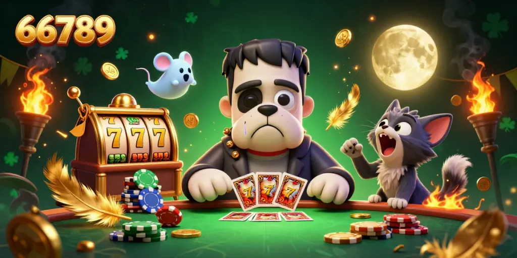 Join the action at 66789, where a Frankenstein bulldog deals cards surrounded by vibrant casino elements.