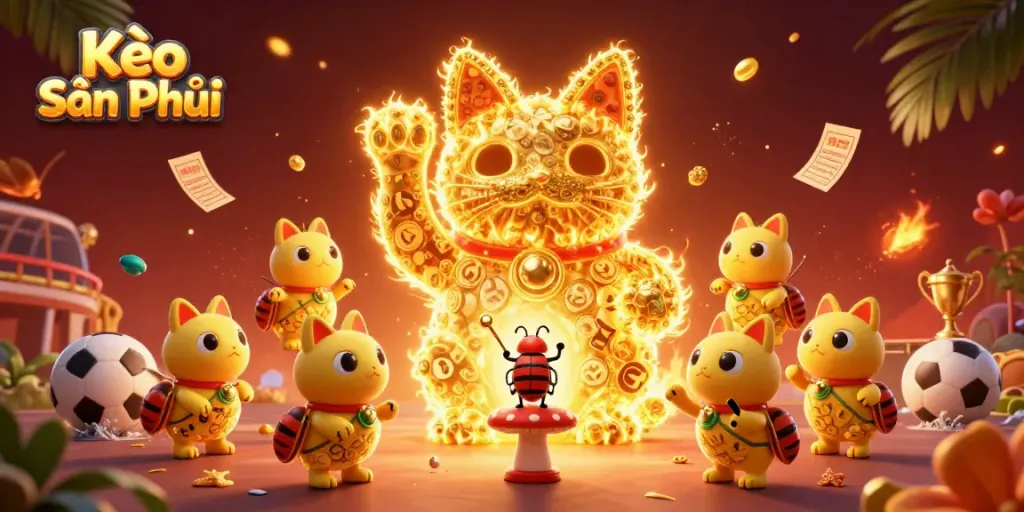 Engage with Kèo Sân Phủi as golden fireflies form a lucky cat amidst sports betting elements.