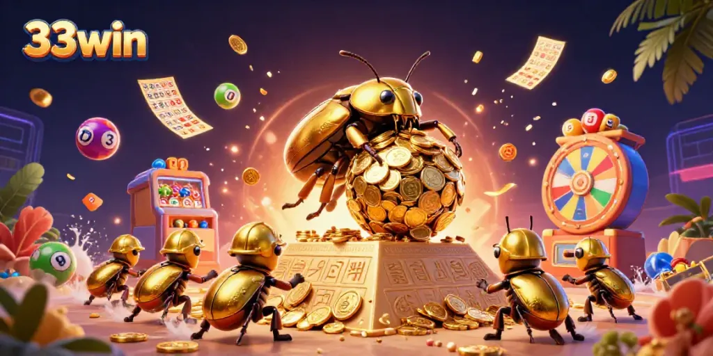 Dive into excitement at 33win with a vibrant casino-themed scene featuring dynamic 3D characters and colorful elements.