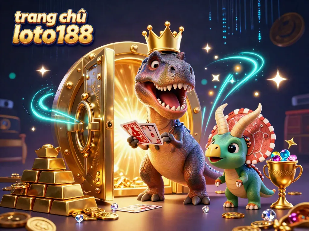 Experience the excitement at trang chủ loto188 with friendly cartoon dinosaurs in a vibrant casino setting filled with treasures and light.