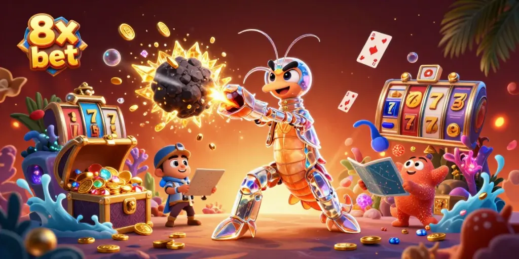 The 8x bet theme comes alive in this exciting scene featuring a cartoon samurai shrimp and starfish amidst colorful slot elements and casino treasures.