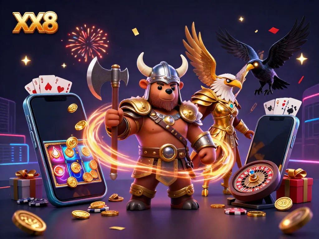 Experience excitement at XX8 with a Viking bear and Valkyrie eagle amidst colorful casino elements