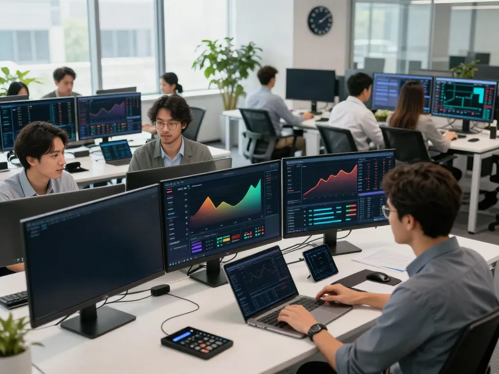 Traders using TradingView software to analyze market data in a modern office setting.