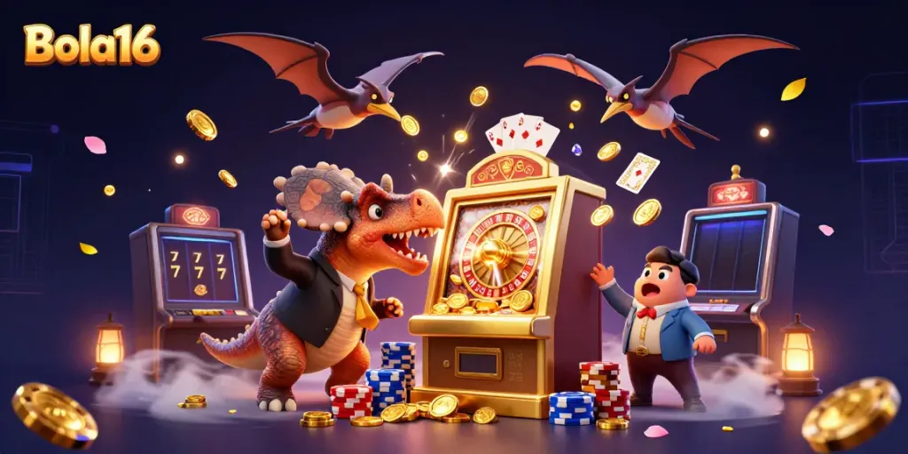 Join the action at Bola16 as excitement unfolds with cartoon dinosaurs and jackpot wins.