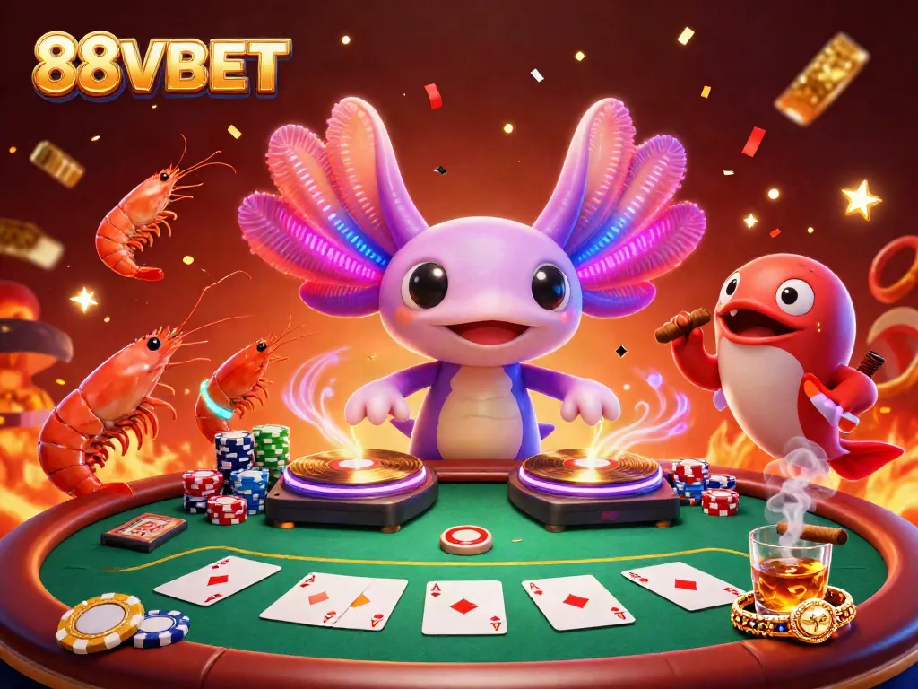 A vibrant 3D scene showcasing 88VBET's lively casino experience with an axolotl DJ, poker elements, and colorful energy.