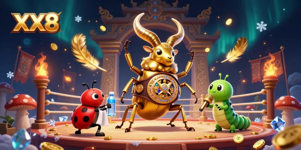 Experience thrilling wagers at XX8 with an epic boxing showdown between whimsical characters in a vibrant casino setting.