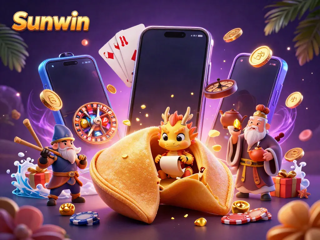 Engage with Sunwin's vibrant casino scene featuring golden fortune characters and dynamic gaming elements.