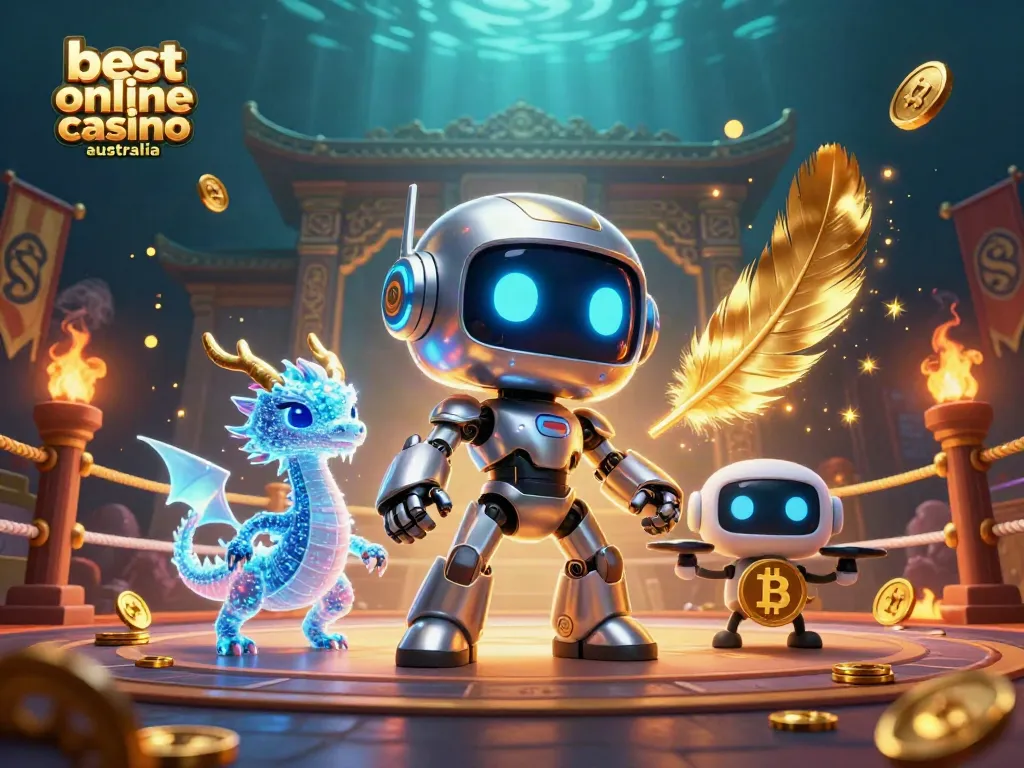 Experience the excitement of the best online casino Australia with a vibrant 3D scene featuring a robotic mascot, an AI dragon, and gaming elements.
