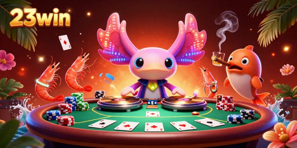 Experience vibrant casino energy with 23win's neon axolotl DJ and poker action in a dynamic underwater scene.