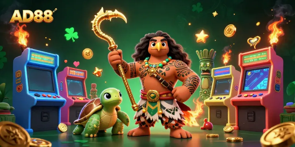 Engage with thrilling AD88 gaming adventures featuring vibrant characters and dynamic casino elements.