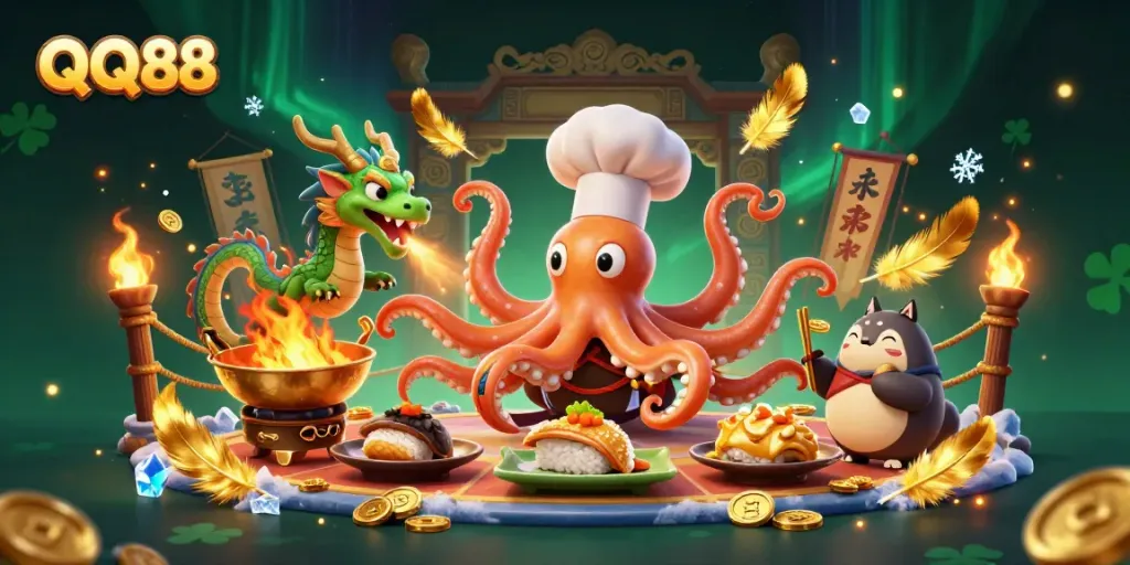 Engage with thrilling gaming moments at QQ88, featuring a sushi chef octopus and a fire-breathing dragon.