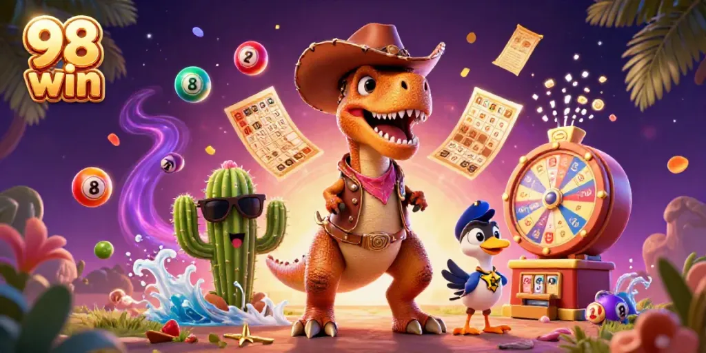 Experience thrilling wins with 98 win, featuring a dynamic casino scene with colorful lottery elements.