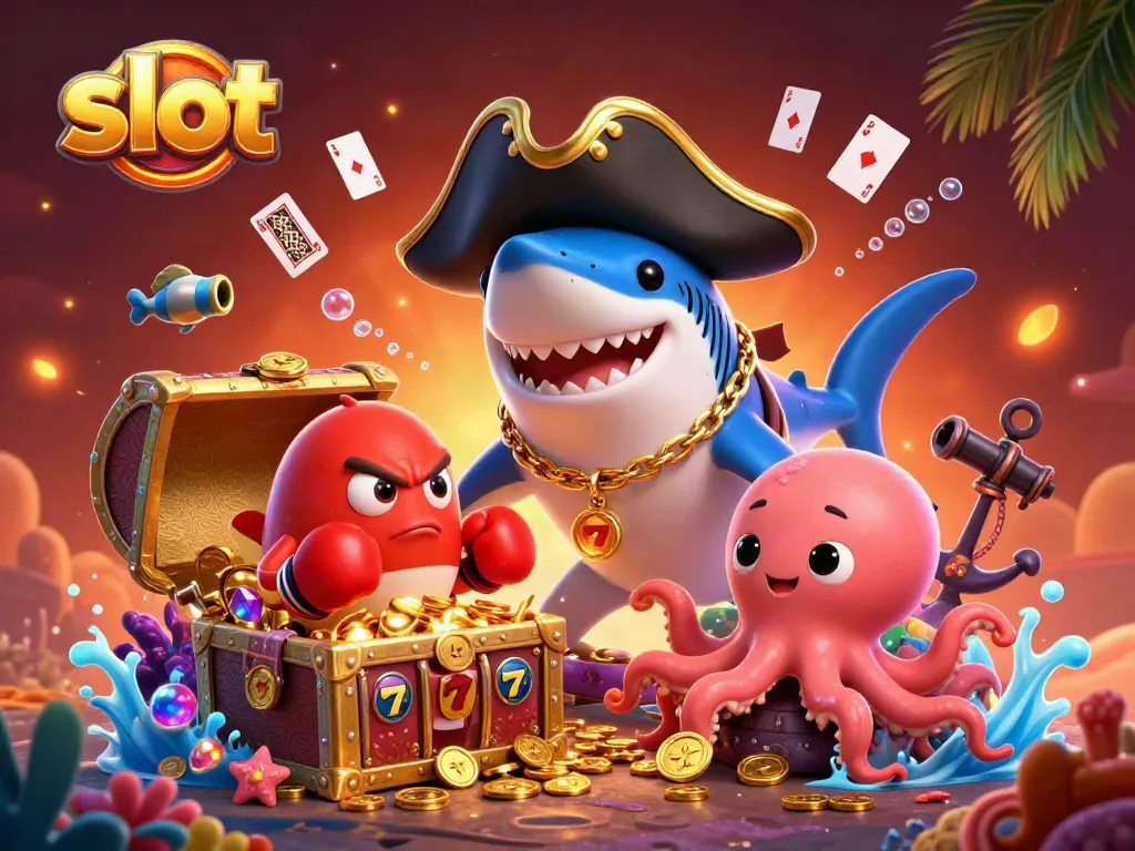 Engaging slot-themed scene with a pirate shark, pufferfish, and octopus surrounded by treasures and slot machine elements.