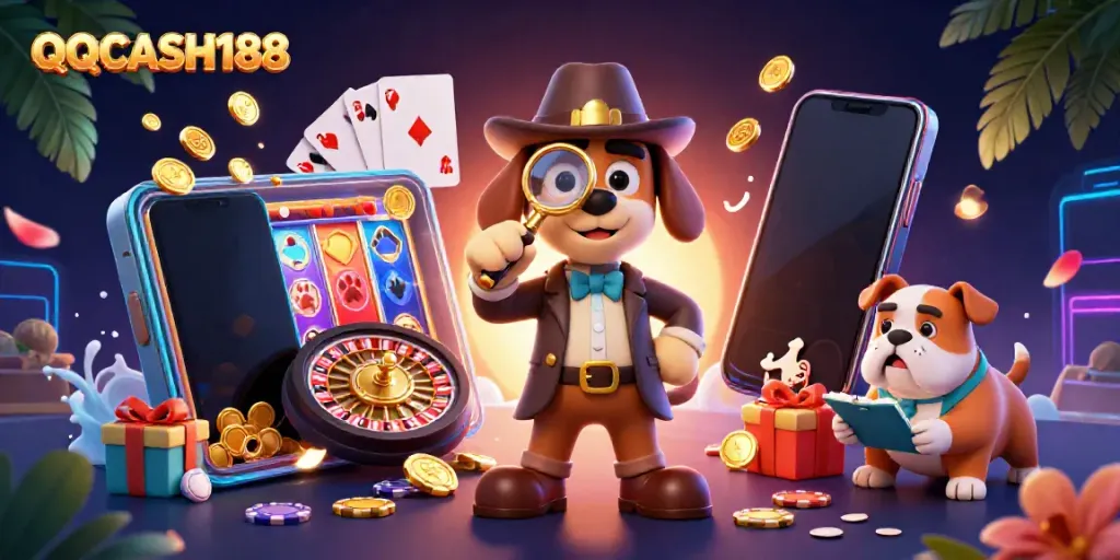 Engage with QQCASH188 as a detective explores a vibrant casino treasure scene with poker chips and games.