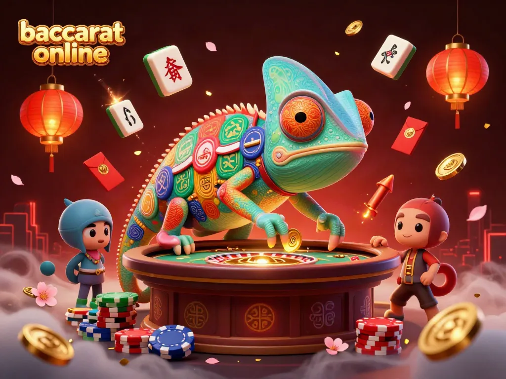 Experience baccarat online with a vibrant 3D scene showcasing a chameleon casino owner amidst dynamic game elements.