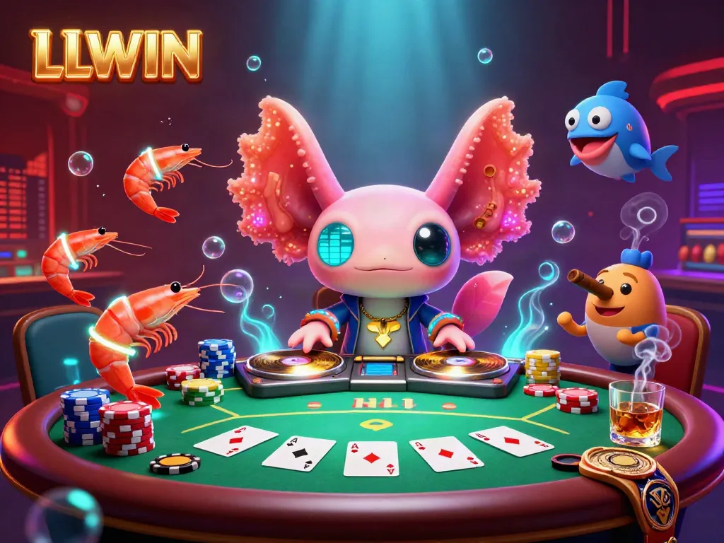 Experience vibrant gameplay action at LLWIN with a colorful 3D axolotl DJ and lively casino elements.