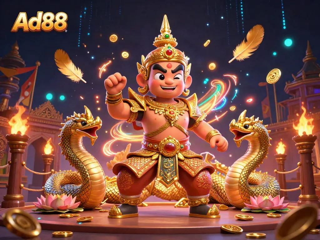 Engaging Ad88 3D casino illustration showcasing a Thai temple guardian and Naga serpents in a vibrant gambling scene.
