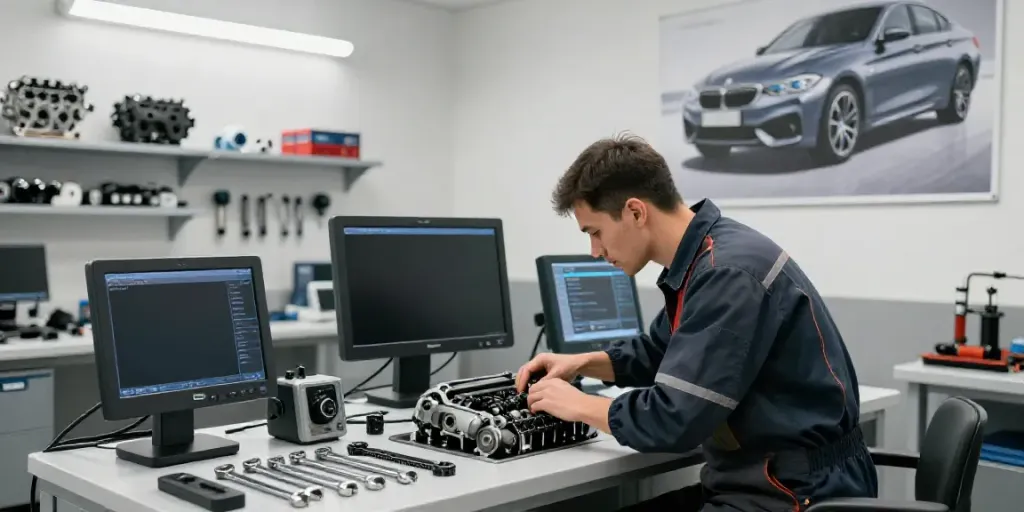 Mechanic inspecting a BMW engine for steuerkette maintenance in Hannover.