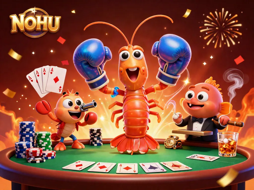 Engage in thrilling gameplay at NOHU, where a mantis shrimp and friends celebrate poker victories in style.
