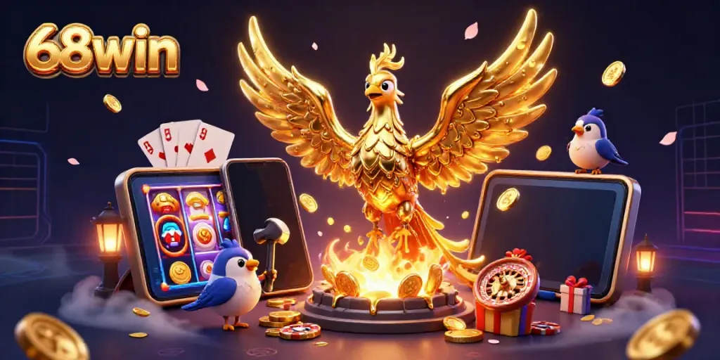 Experience rich gaming excitement with 68win's vibrant casino scene featuring molten gold and dynamic slot elements.