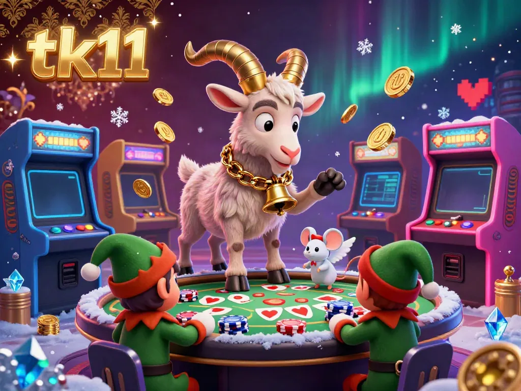 Experience tk11's holiday-horror casino as Krampus, an angel mouse, and gremlins create chaos amidst vibrant gaming elements.
