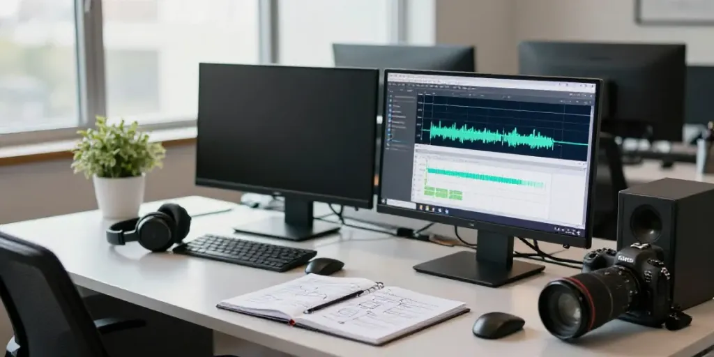 Affordable AI MP3 to text converter workspace with dual monitors and transcription software.