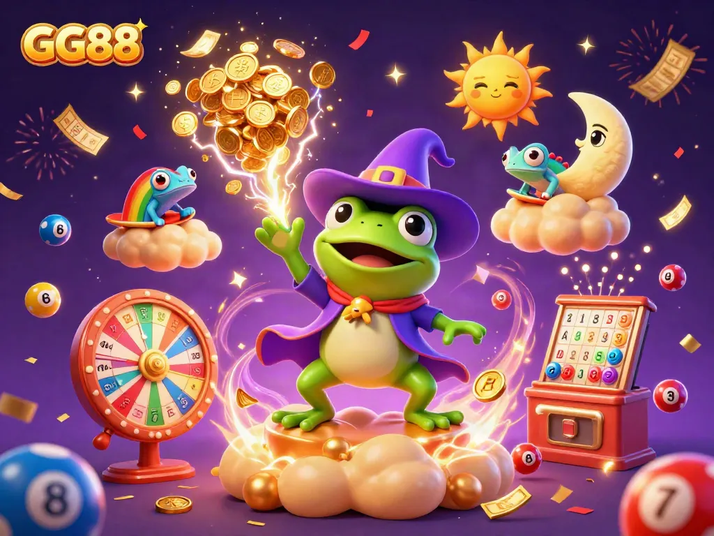 Experience excitement at GG88 with a magical gaming scene filled with colorful casino elements and dynamic characters.