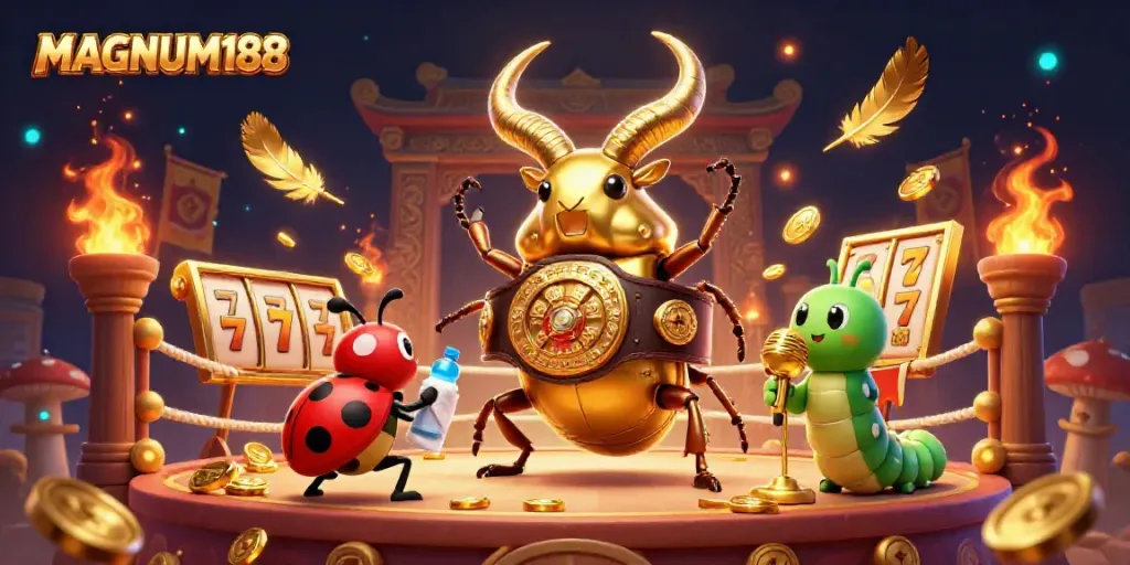 Experience the thrill of MAGNUM188 with a dynamic casino illustration showcasing vibrant characters and elements.