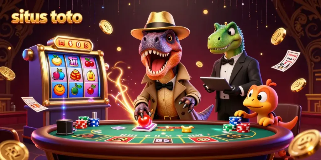 Engage in situs toto gameplay with a cartoon velociraptor at a blackjack table amidst vibrant slot symbols.