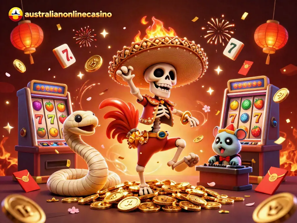 Celebrate at australianonlinecasino with a vibrant scene featuring lucky symbols and joyful characters.