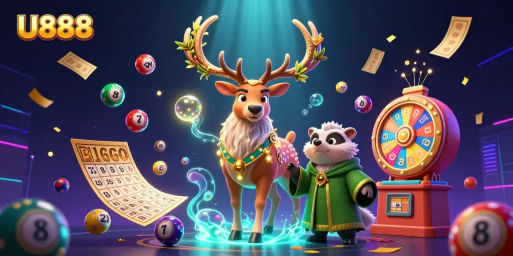 Experience U888's vibrant gaming atmosphere with Celtic druid stag and lively lottery elements.