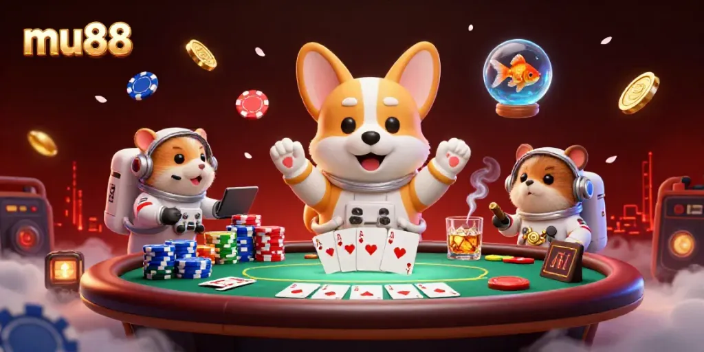 Experience virtual gaming excitement at mu88 with floating poker chips and vibrant casino life.