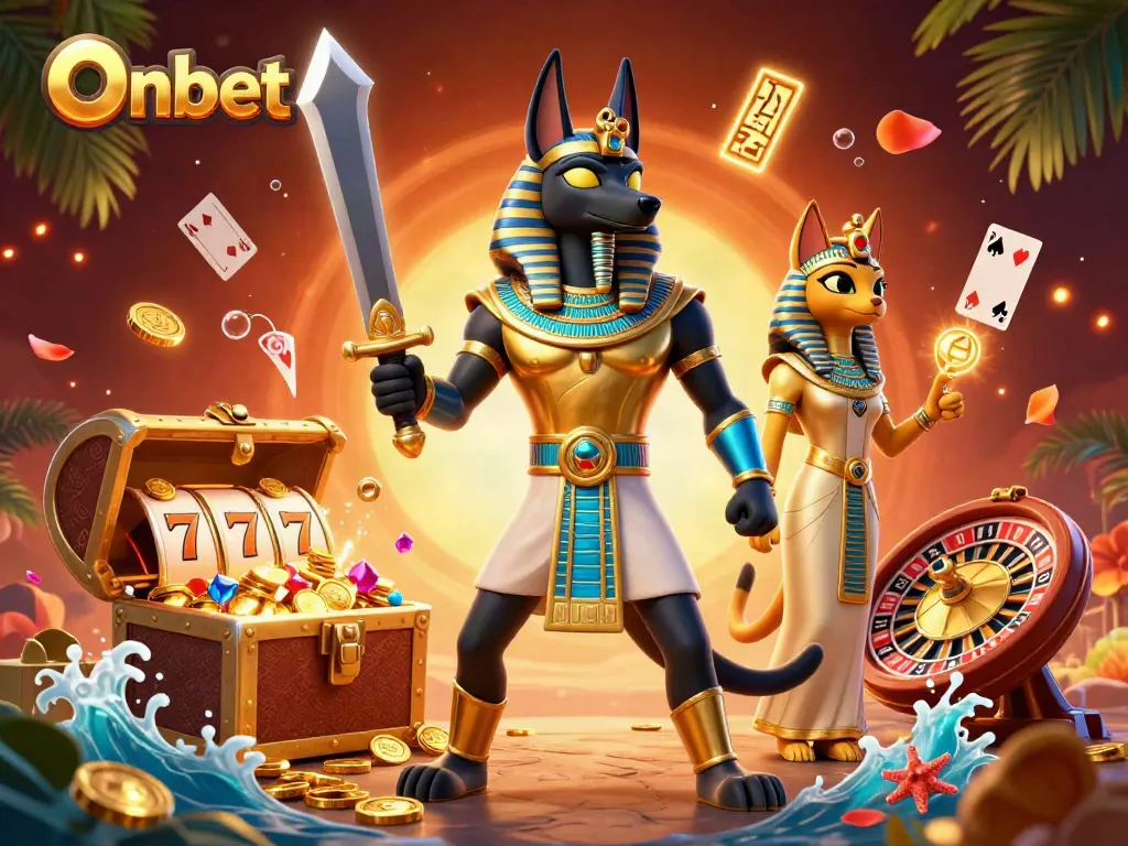Spin for fortunes at Onbet with Anubis and Bastet amid rich casino elements and treasures.