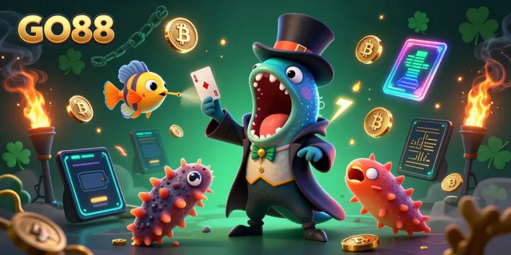 Experience excitement at GO88 with a vibrant 3D casino illustration featuring unique sea creatures.