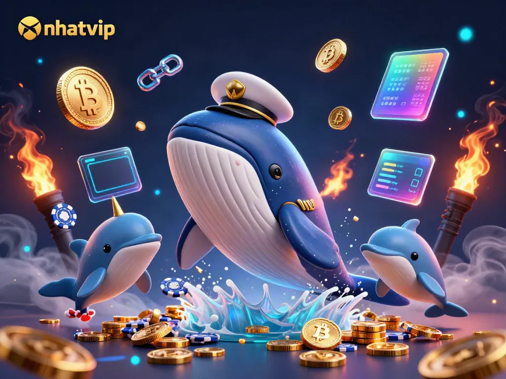 Nhatvip's dynamic gaming scene features a whale in a captain's coat amidst coins and playful dolphins.