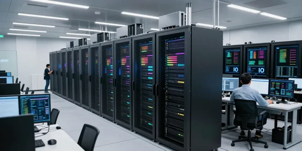 AI data center with rows of GPU servers showcasing advanced technology and real-time data monitoring.