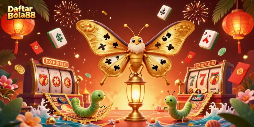 Experience Daftar Bola88 with a vibrant 3D illustration of a golden atlas moth in a lively casino.