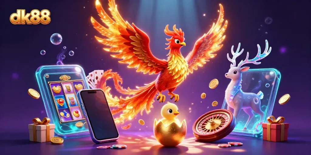 Experience the vibrant world of dk88 with a dazzling phoenix and dynamic casino elements.