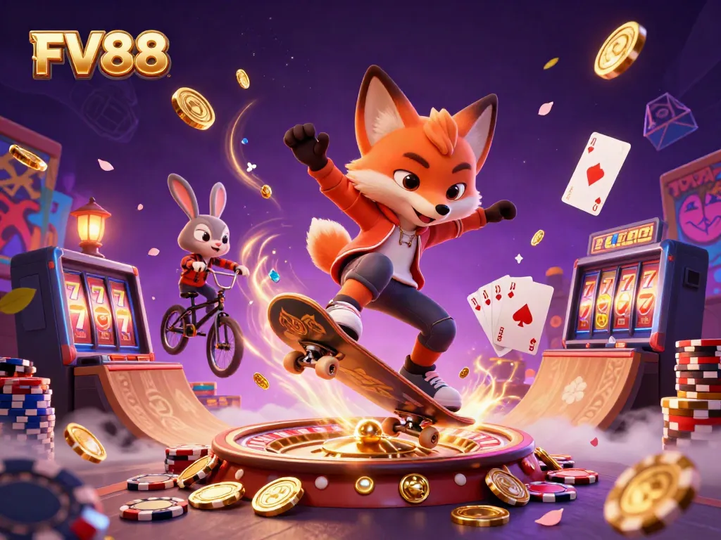 Encounter thrilling action with FV88 as a skateboarder fox and BMX rabbit showcase vibrant casino excitement.