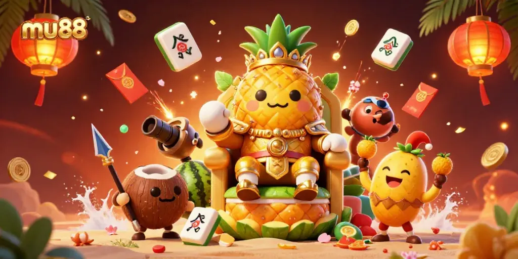 Engage with exciting slots at mu88, featuring a vibrant beach casino scene and animated game elements.