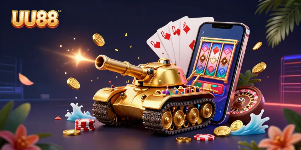 Experience the thrill of UU88 in an ultra-detailed 3D casino scene featuring a golden beetle tank and vibrant gaming elements.