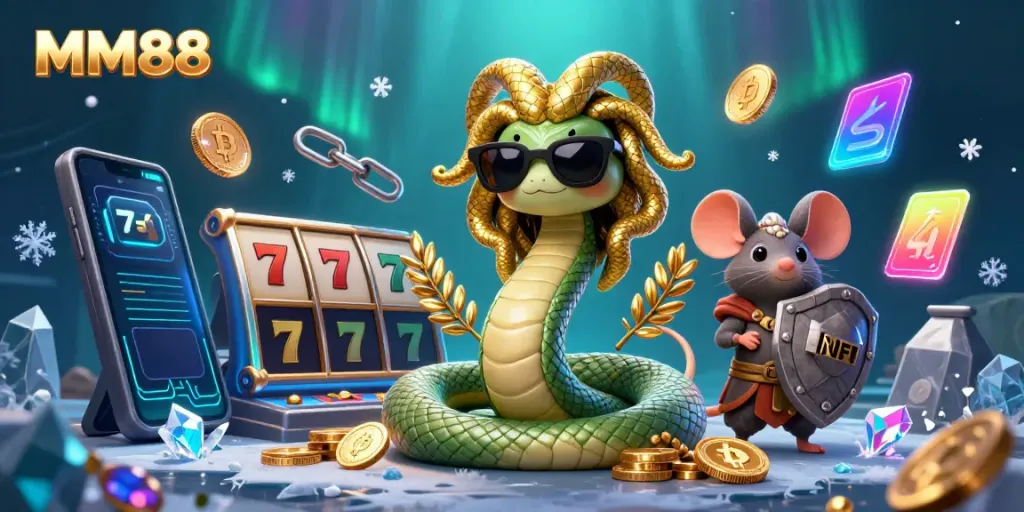 Win big at MM88 with vibrant cartoon characters and casino elements in a lively scene.